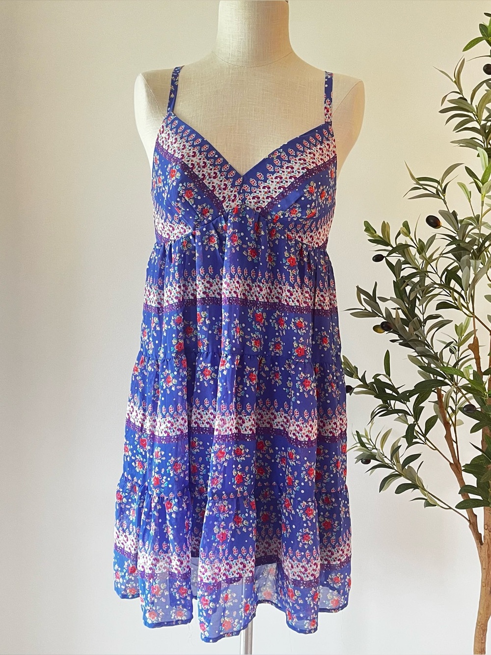 Blue Floral empire waist babydoll Spaghetti Strap Sundress